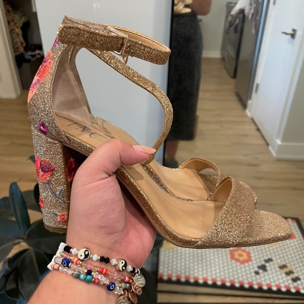 INC- Gold Sparkle Heels with Floral Detail